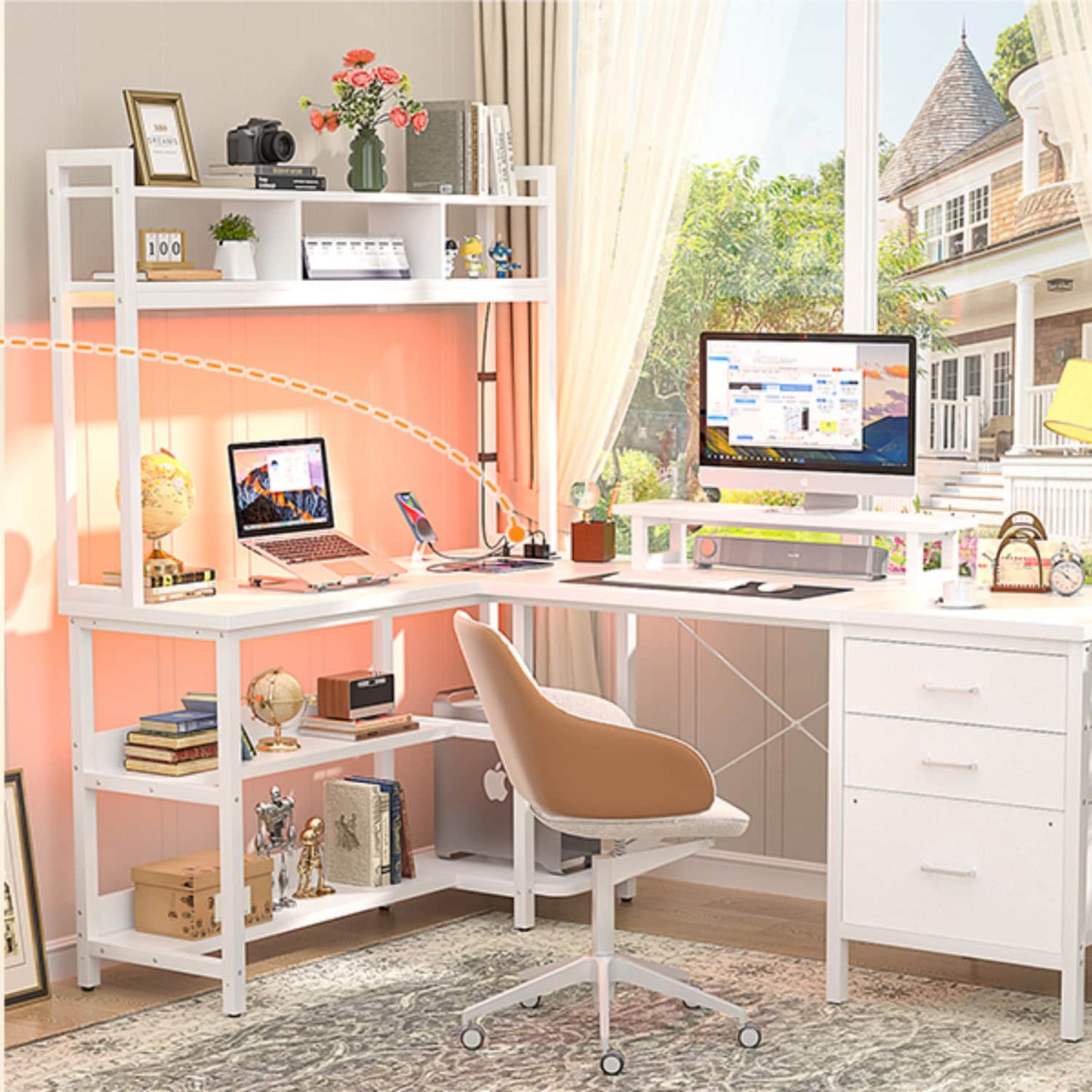 L Shaped Computer Desk with Hutch, Power Outlets, LED Lights & Storage Drawers