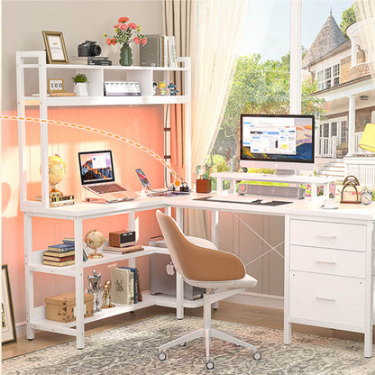L Shaped Computer Desk with Hutch, Power Outlets, LED Lights & Storage Drawers
