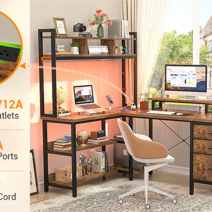 L Shaped Computer Desk with Hutch, Power Outlets, LED Lights & Storage Drawers