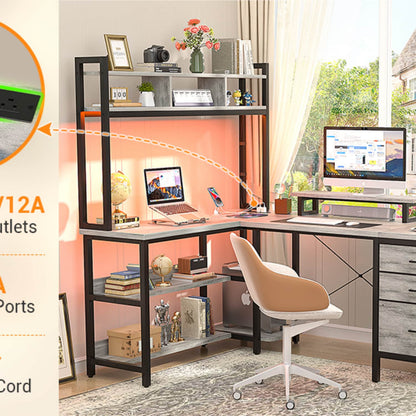 L Shaped Computer Desk with Hutch, Power Outlets, LED Lights & Storage Drawers