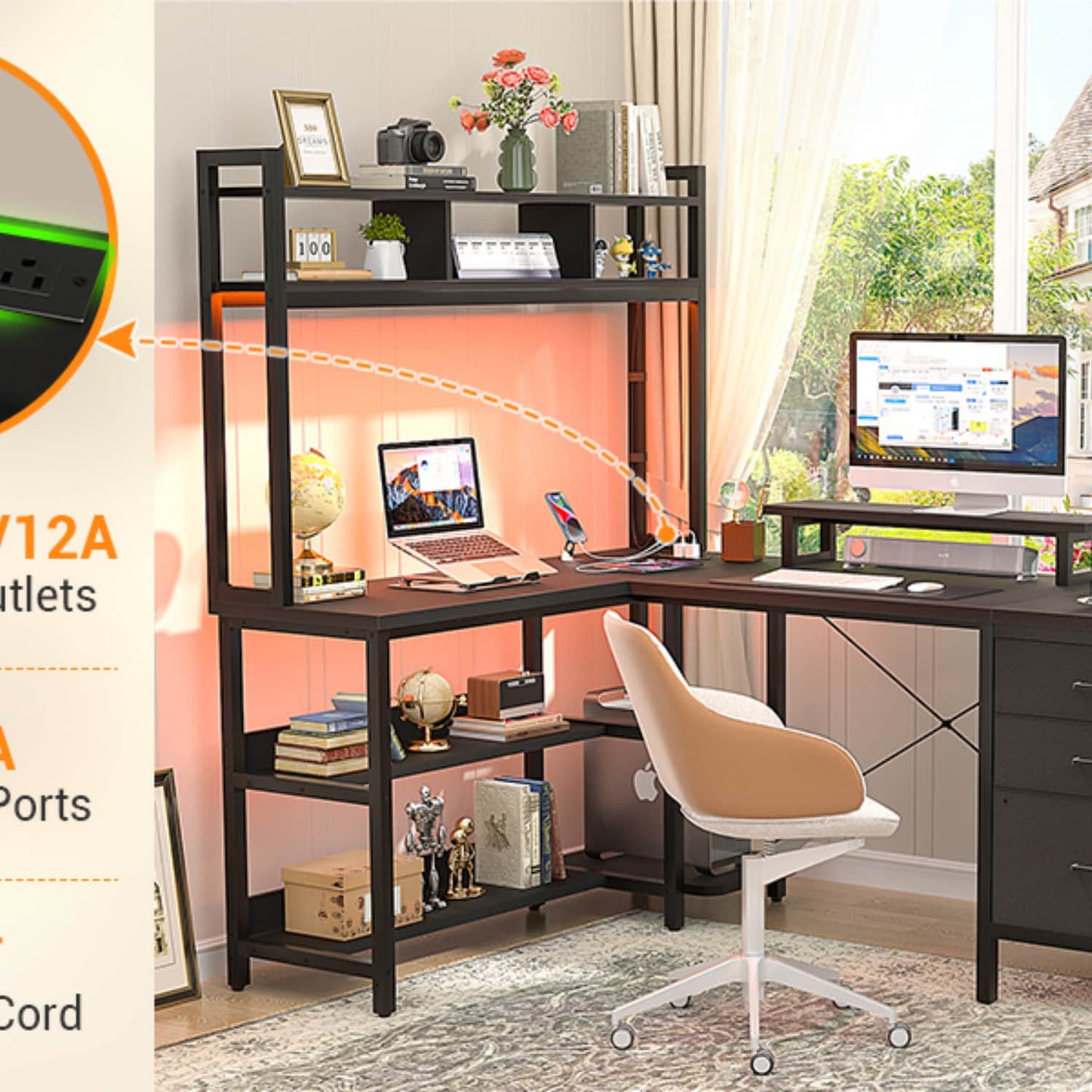 L Shaped Computer Desk with Hutch, Power Outlets, LED Lights & Storage Drawers