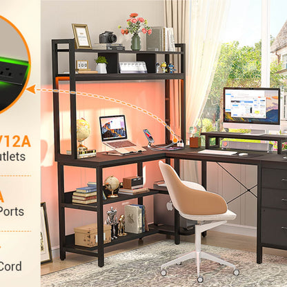 L Shaped Computer Desk with Hutch, Power Outlets, LED Lights & Storage Drawers