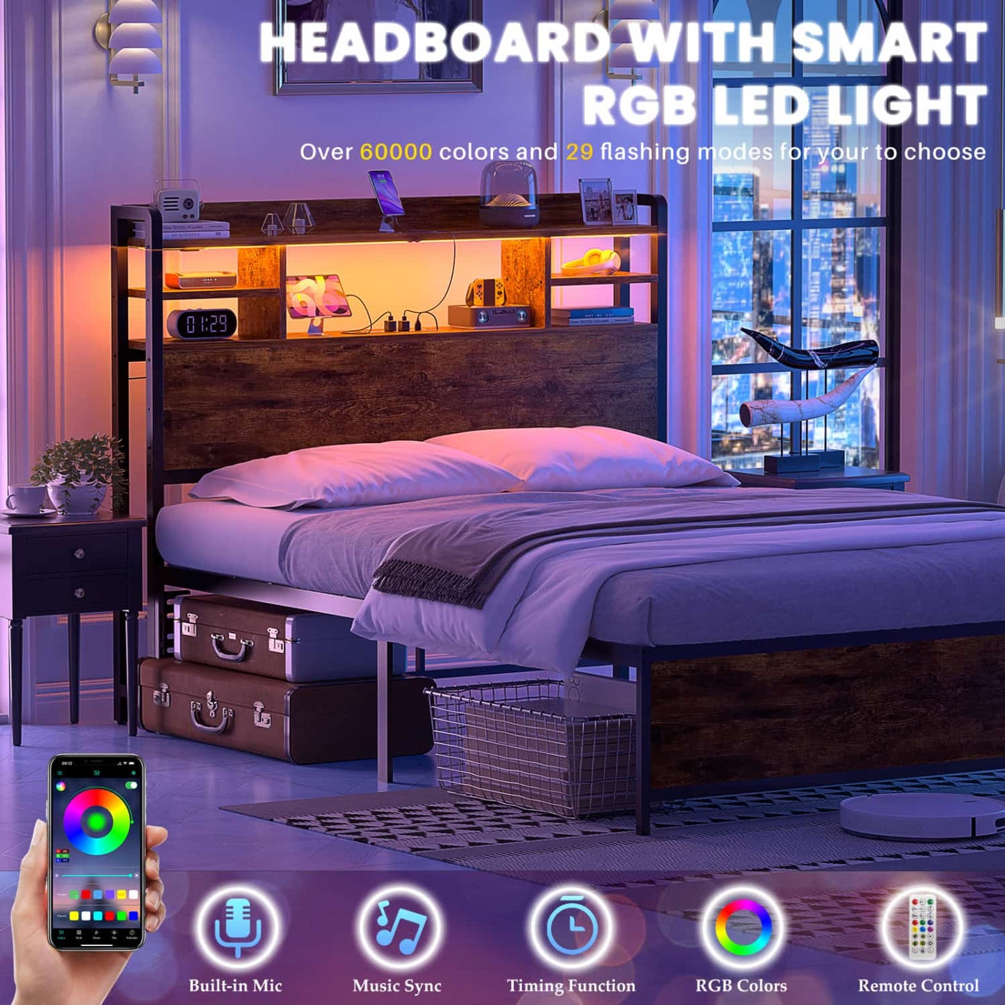 Twin Headboard with Storage shelves and Charging Station, Wood Headboard with LED Light
