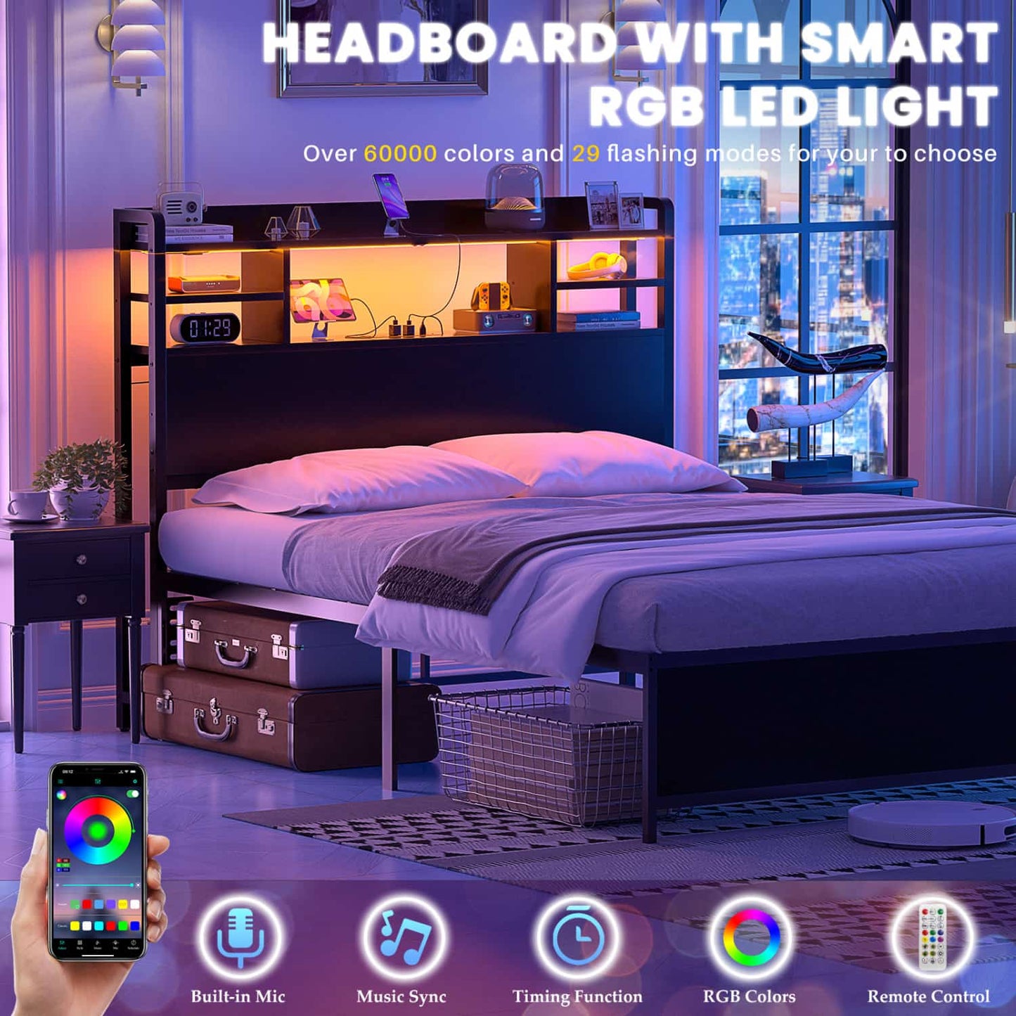 Twin Headboard with Storage shelves and Charging Station, Wood Headboard with LED Light