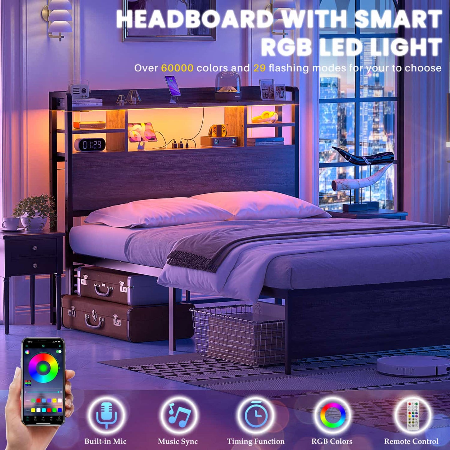 Twin Headboard with Storage shelves and Charging Station, Wood Headboard with LED Light