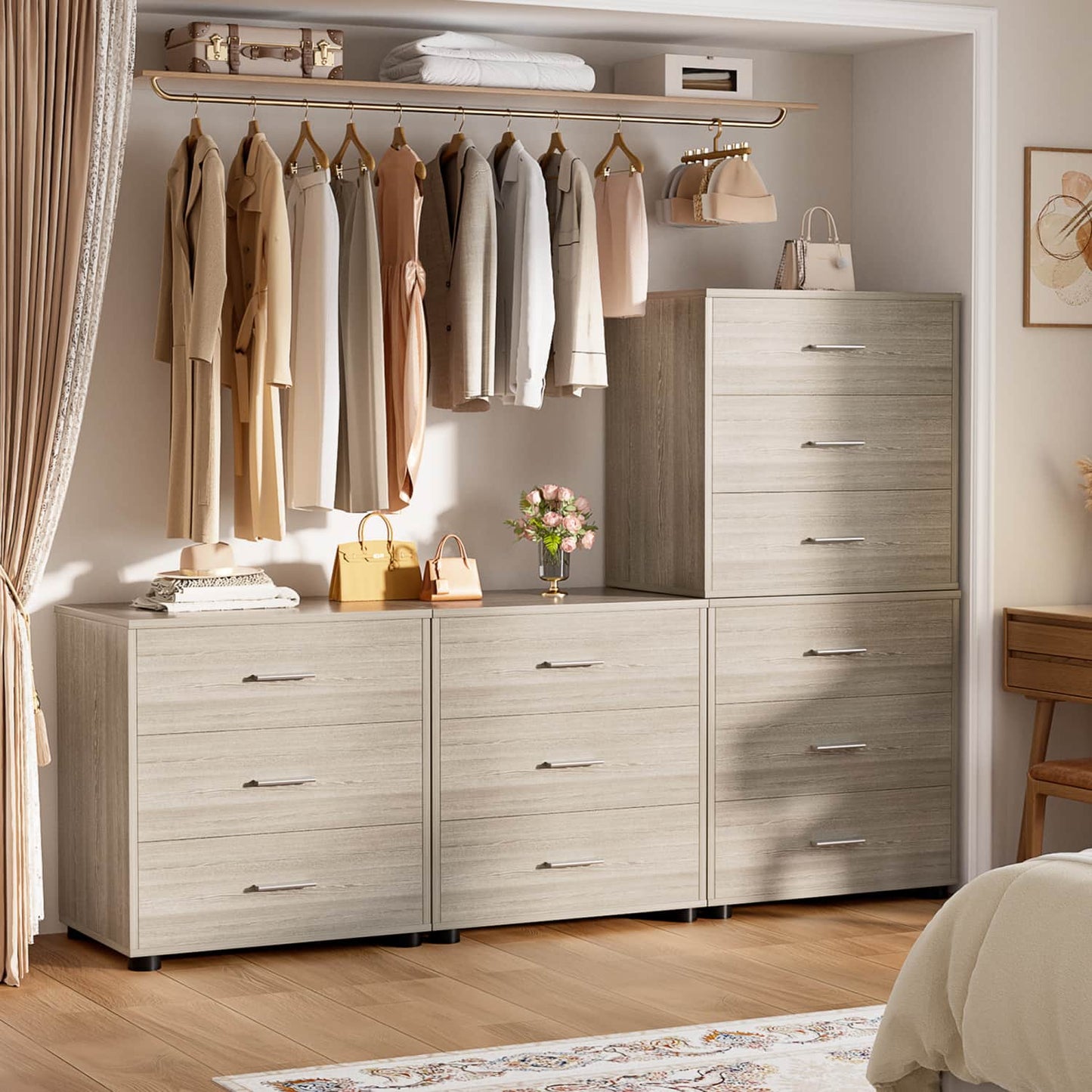 Set of 2 Wooden 6-Drawers Dressers with Storage, Closet Storage Cabinet and Nightstand