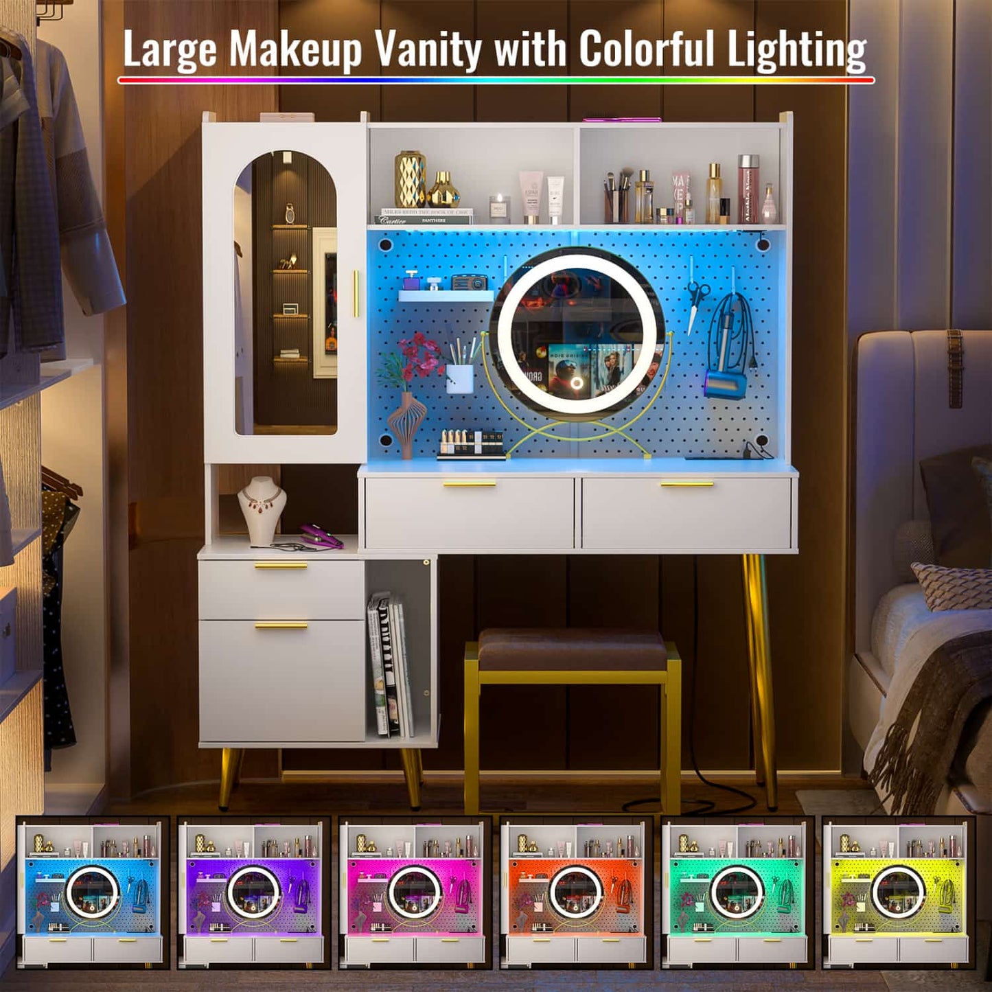 Makeup Vanity with Hutch, LED Lighted Mirror & Charging Station