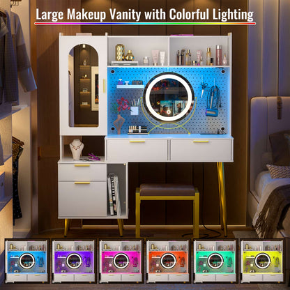 Makeup Vanity with Hutch, LED Lighted Mirror & Charging Station