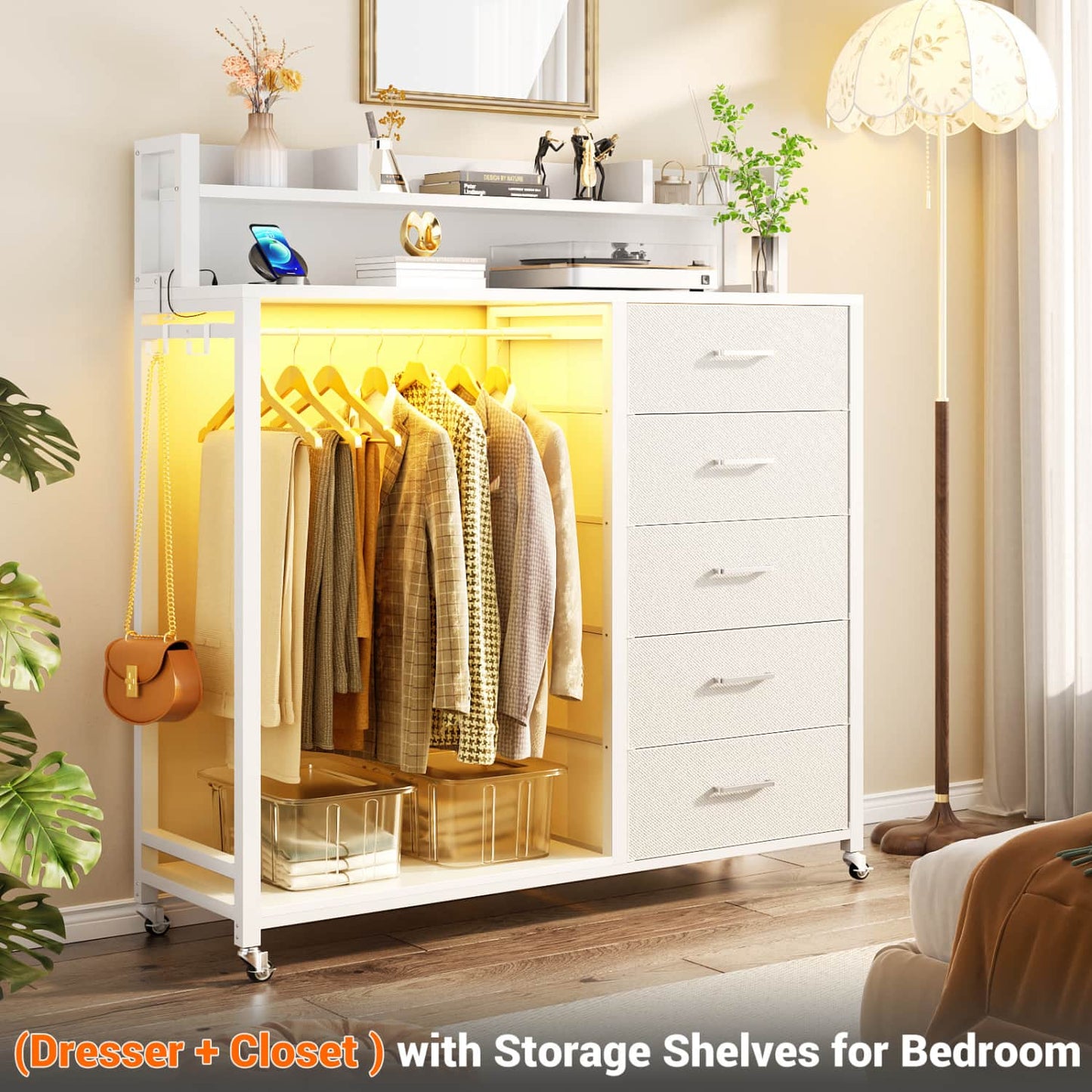 Dresser for Bedroom with Clothes Rack & Shelves, 5 Drawers Dresser with Charging Station