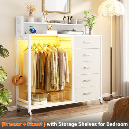 Dresser for Bedroom with Clothes Rack & Shelves, 5 Drawers Dresser with Charging Station