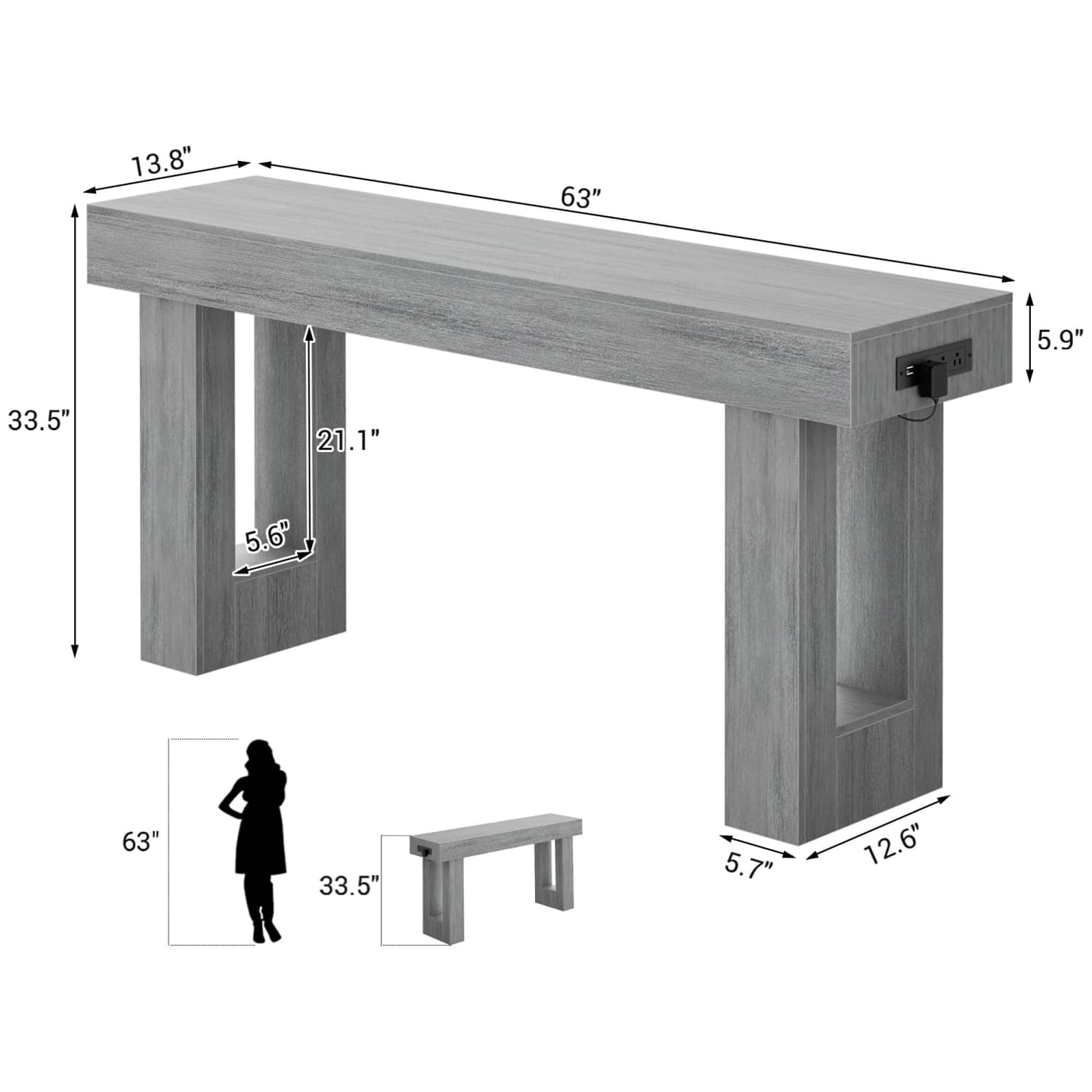 63inch Console Table with Power Outlets, Wood Narrow Entryway Table