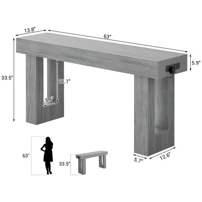 63inch Console Table with Power Outlets, Wood Narrow Entryway Table