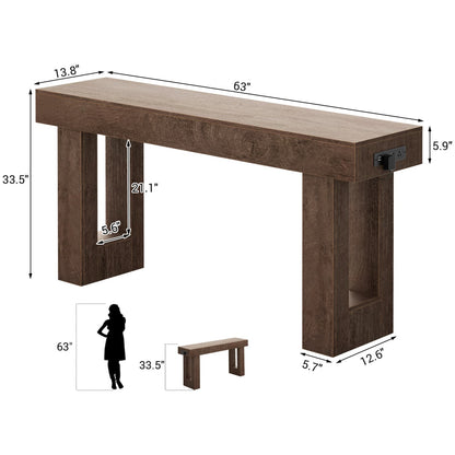 63inch Console Table with Power Outlets, Wood Narrow Entryway Table