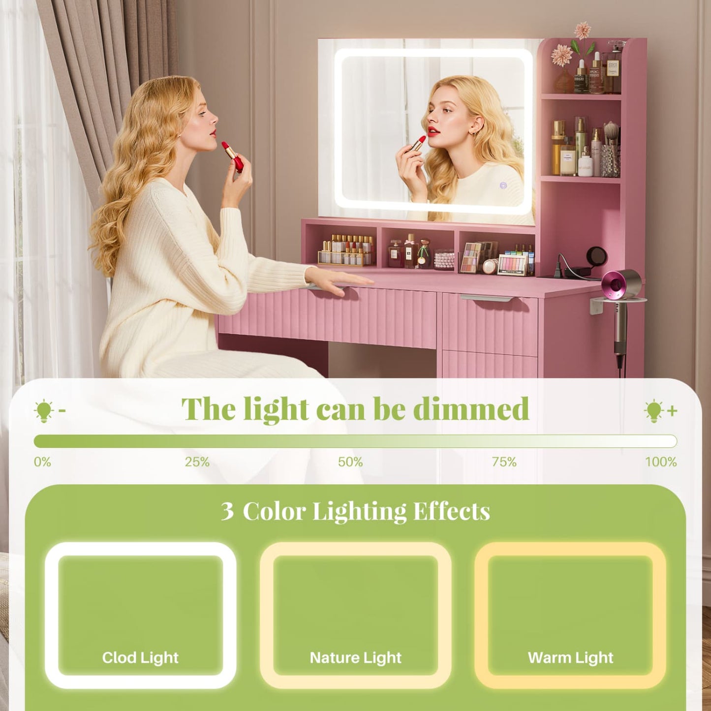 Vanity Desk with Mirror and 3 Color Lights, Makeup Vanity Desk with Drawers