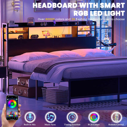King Headboard with Storage shelves and Charging Station, Wood Headboard with LED Light