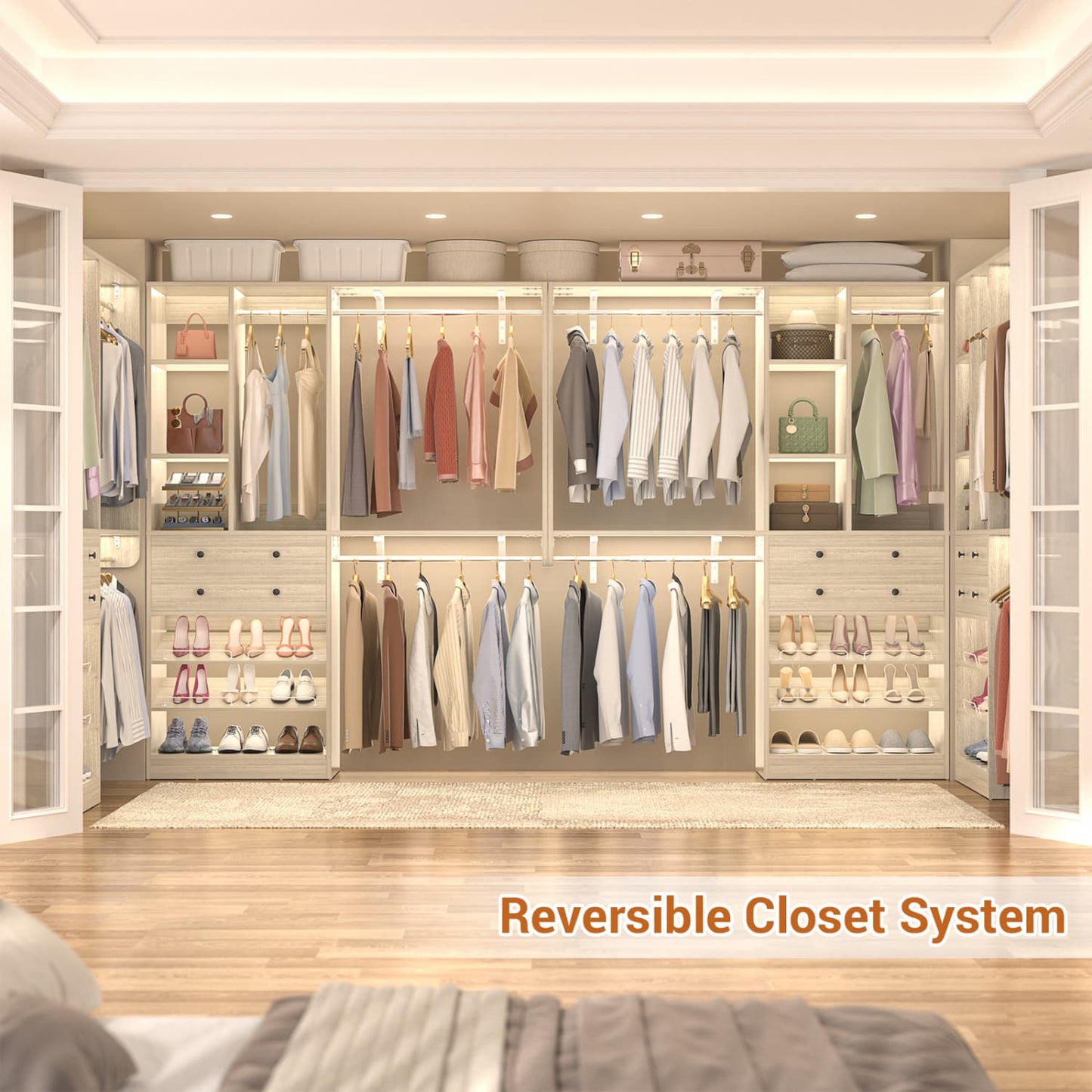 Closet System with Wooden Drawers and Two Hanging Rods