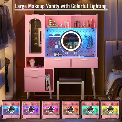 Makeup Vanity with Hutch, LED Lighted Mirror & Charging Station