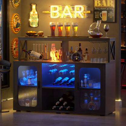 Wine Bar Cabinet with Glass Holders and and Doors, Buffet Wine cabinet with Power Outlet