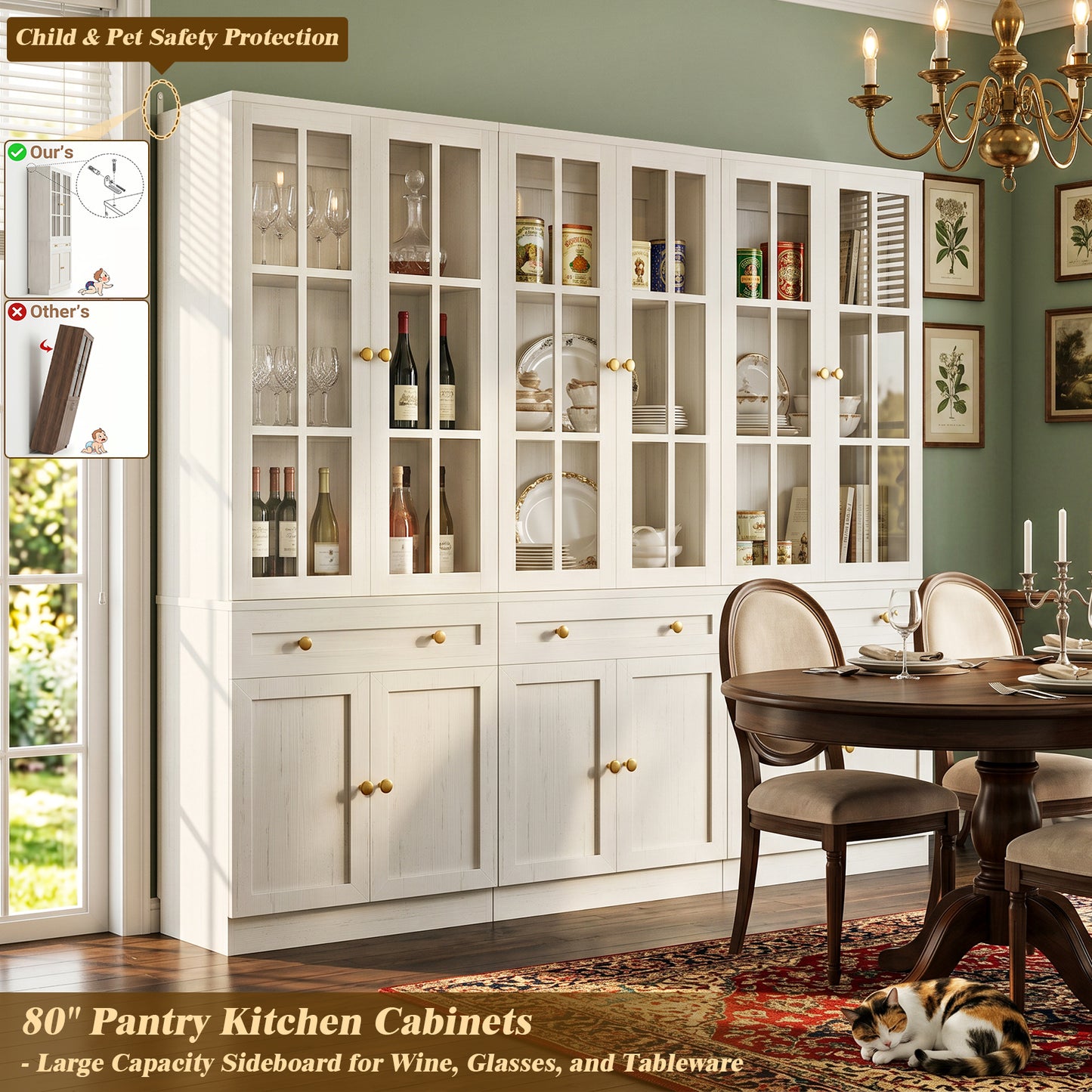 Besiost 80" H Bookcase with Mullion Glass Doors & Drawers
