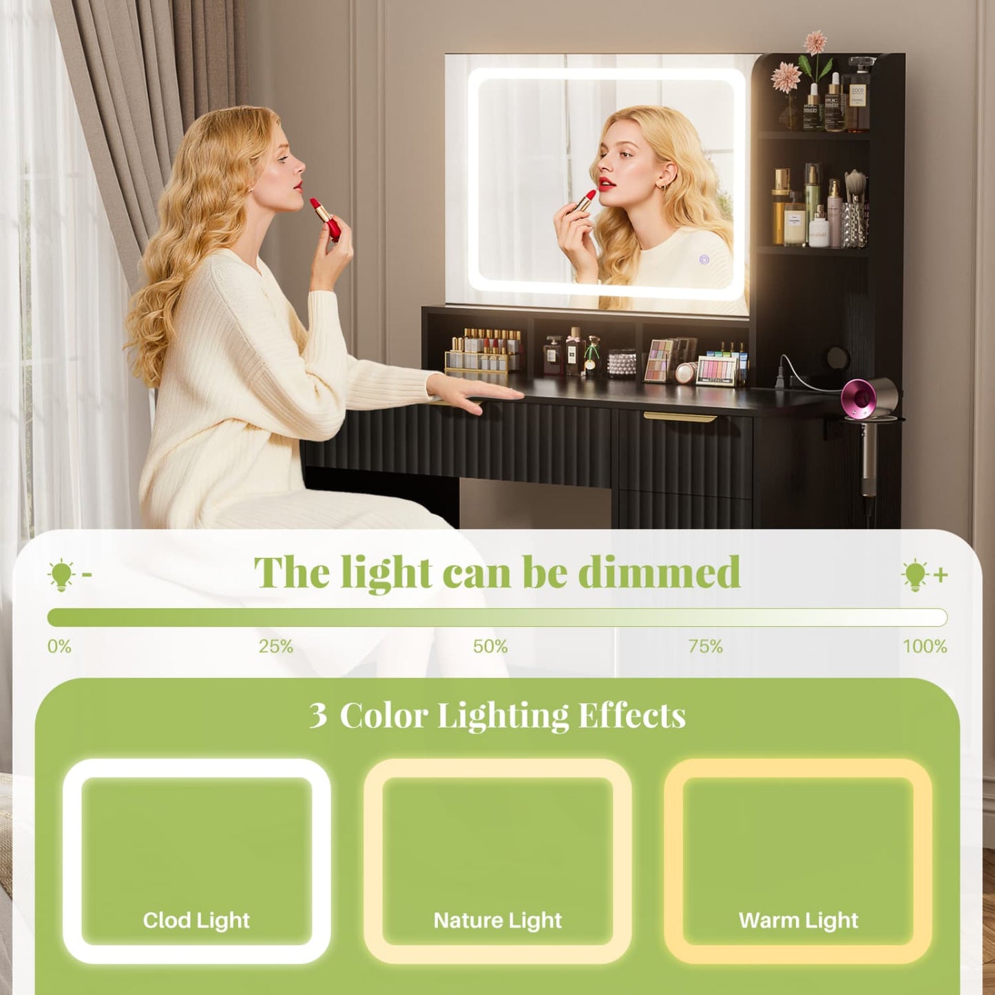 Vanity Desk with Mirror and 3 Color Lights, Makeup Vanity Desk with Drawers