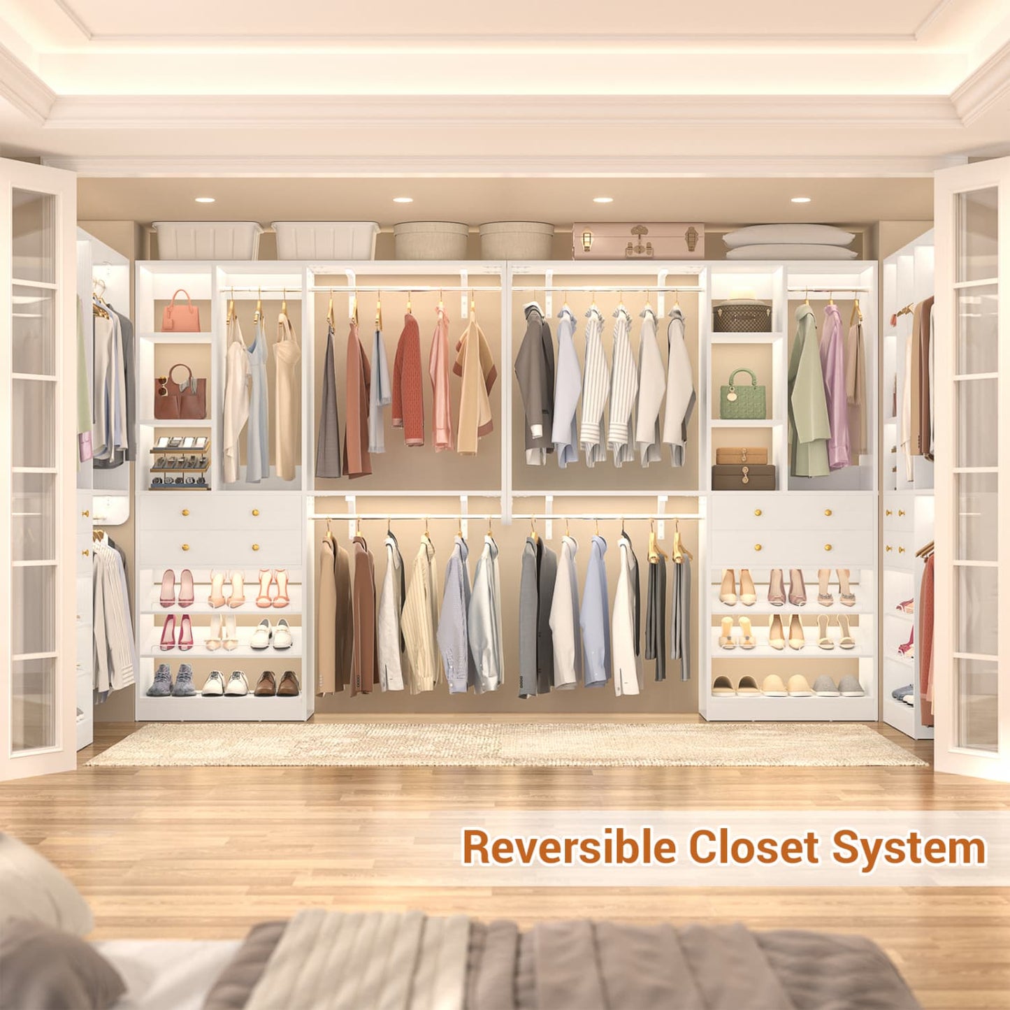 Closet System with Wooden Drawers and Two Hanging Rods