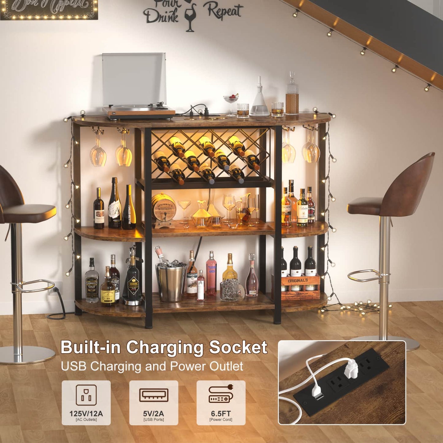 47.24" Storage Wine Cabinet with Lights and Outlets