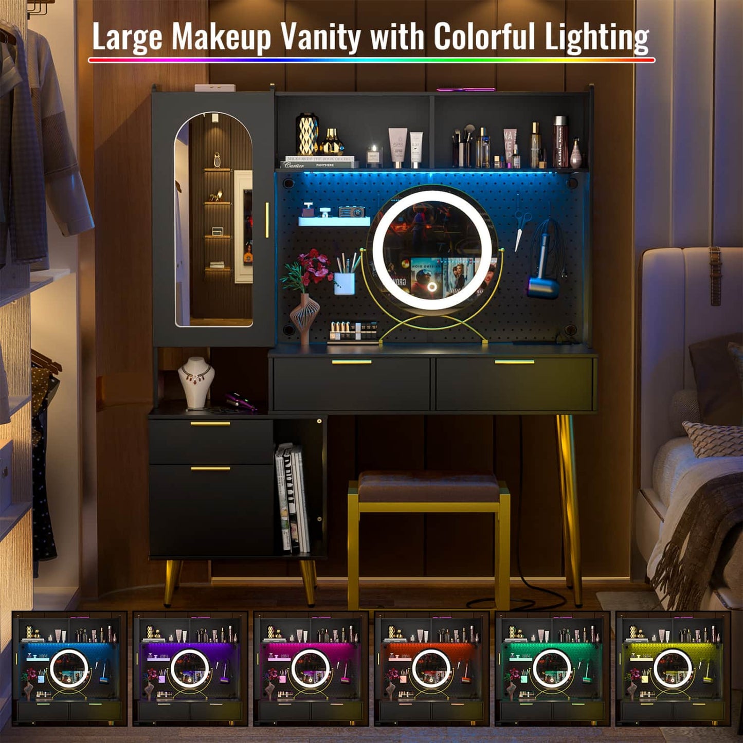 Makeup Vanity with Hutch, LED Lighted Mirror & Charging Station