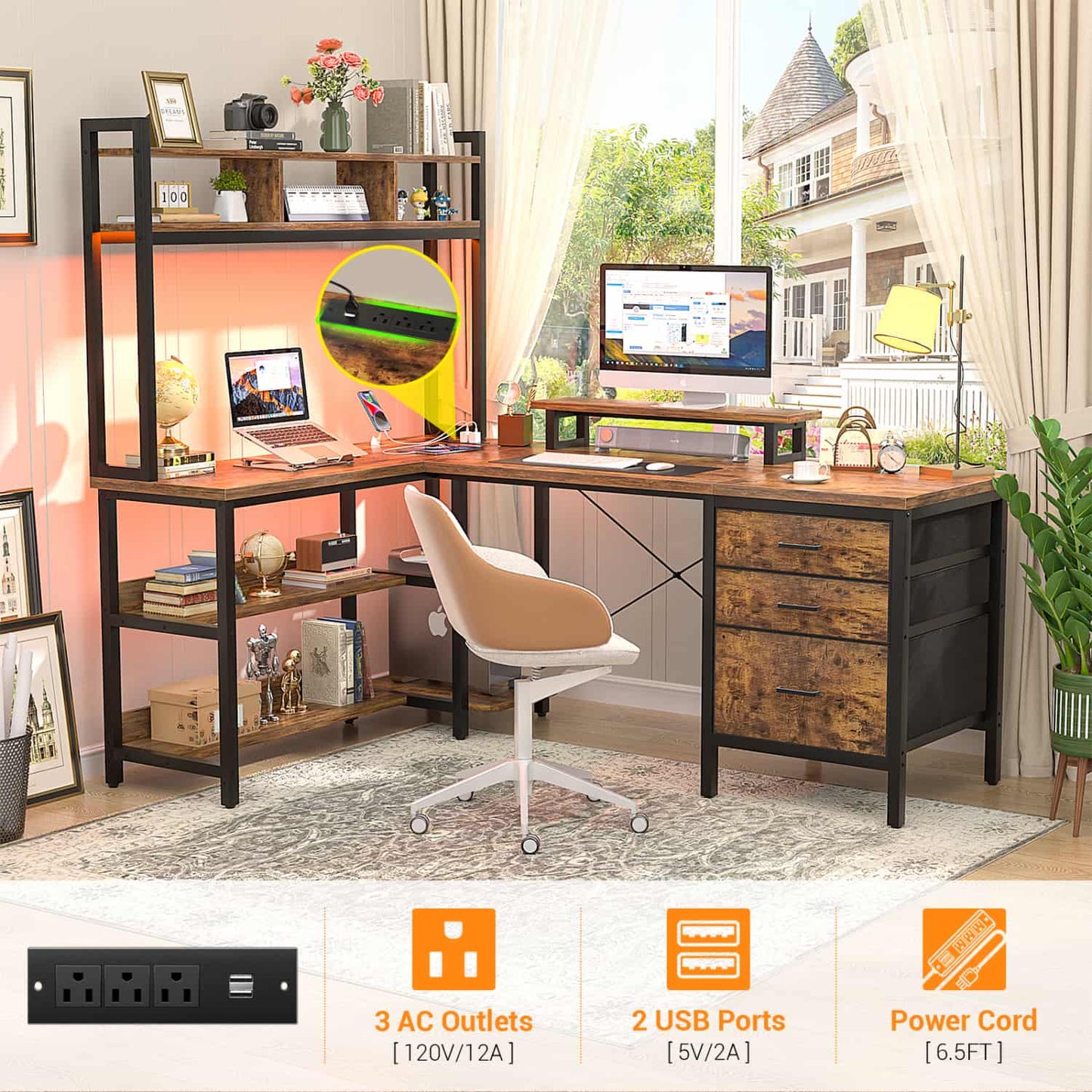 L Shaped Computer Desk with Hutch, Power Outlets, LED Lights & Storage Drawers