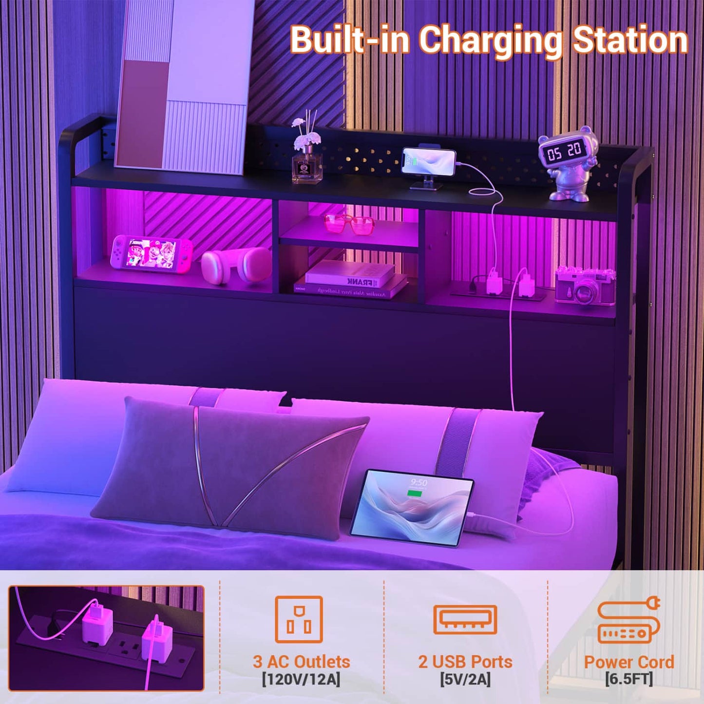 Twin Storage Headboard with Led Lights & Charging Station