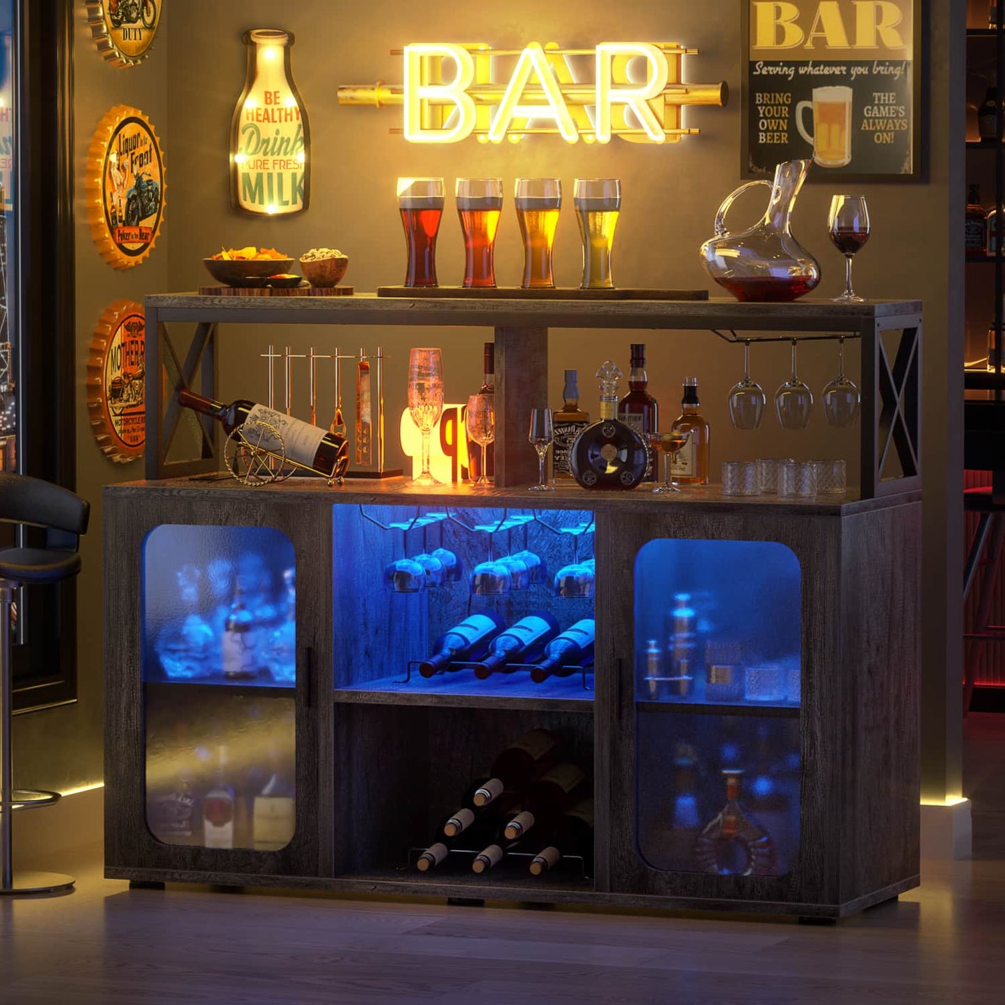 Wine Bar Cabinet with Glass Holders and and Doors, Buffet Wine cabinet with Power Outlet
