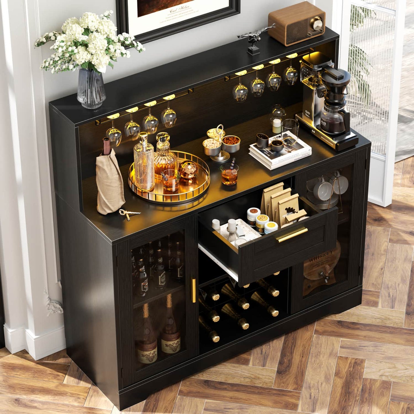 Wine Bar Buffet Table with Storage and Wine Rack, Coffee Bar Cabinet with Drawer