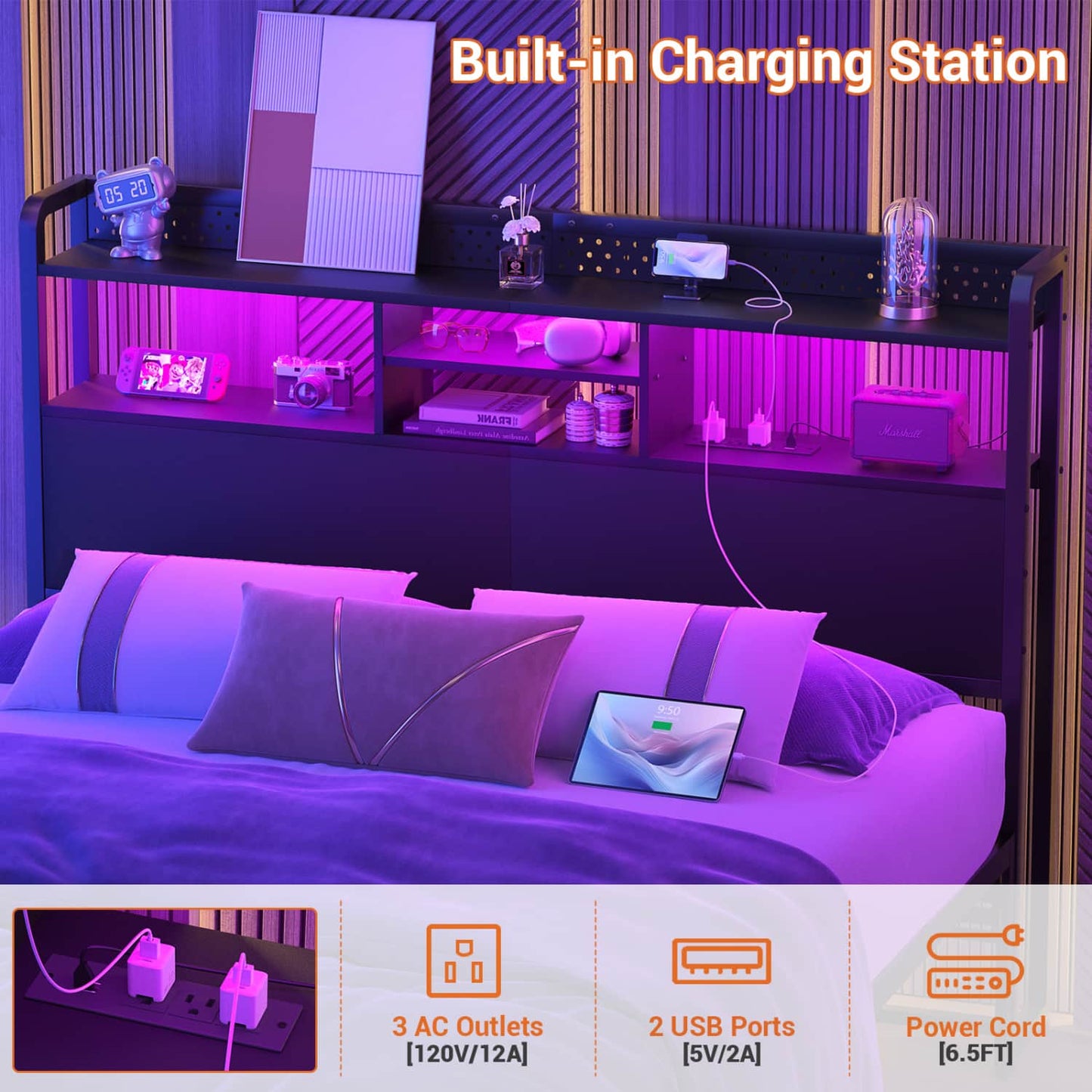 Queen Storage Headboard with Led Lights & Charging Station