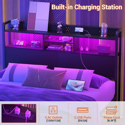 Queen Storage Headboard with Led Lights & Charging Station