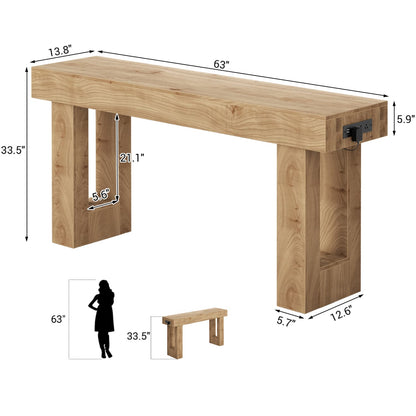 63inch Console Table with Power Outlets, Wood Narrow Entryway Table