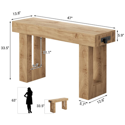 47inch Console Table with Power Outlets, Wood Narrow Entryway Table