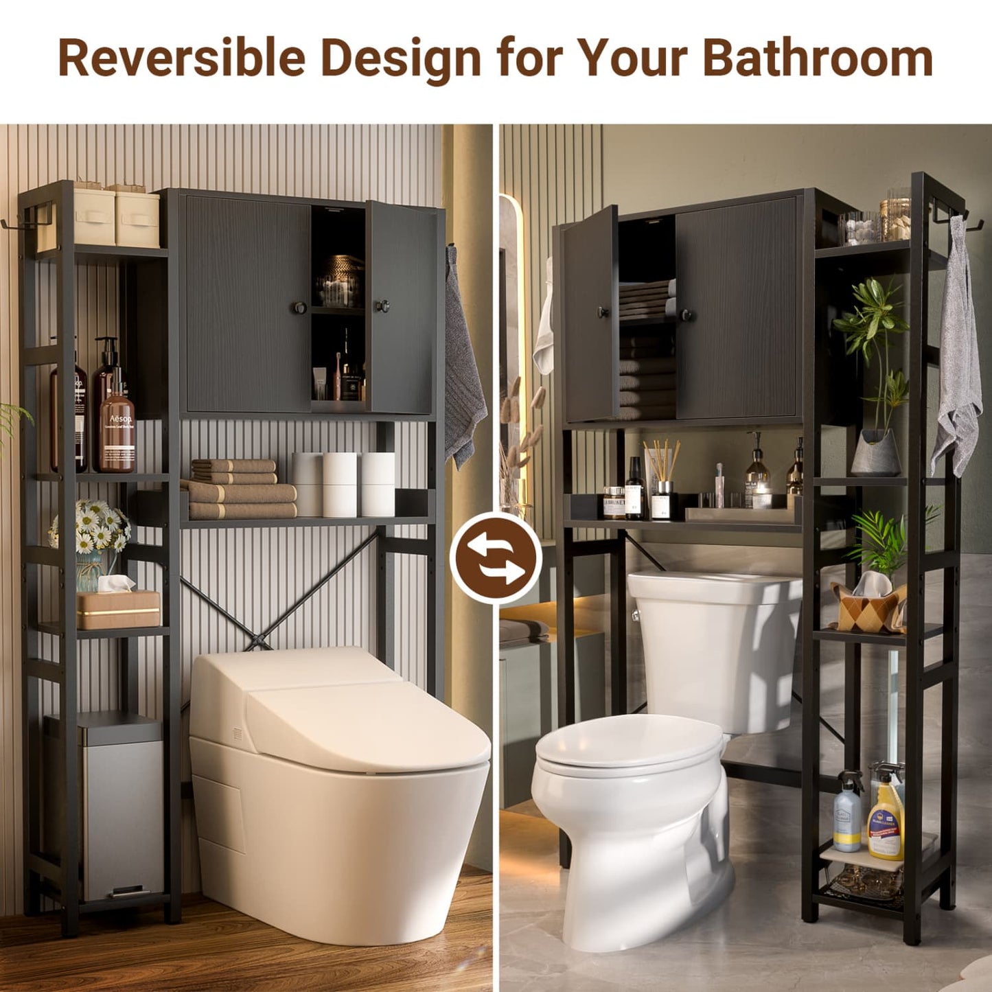 7-Tier Bathroom Organizer with Adjustable Shelf, Over The Toilet Storage Rack with 4 Hooks and Drawers