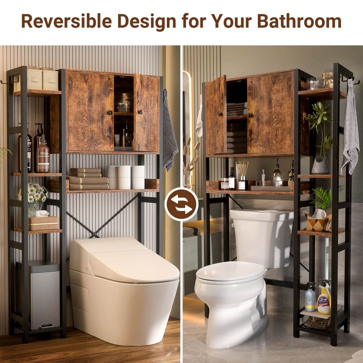 7-Tier Bathroom Organizer with Adjustable Shelf, Over The Toilet Storage Rack with 4 Hooks and Drawers