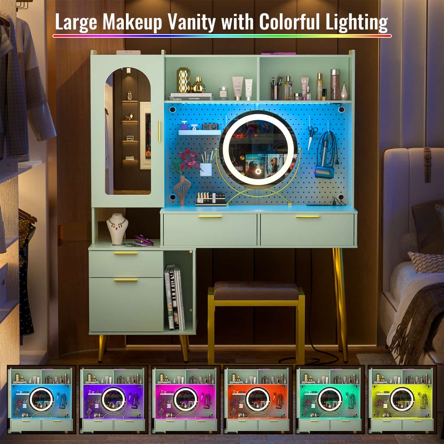 Makeup Vanity with Hutch, LED Lighted Mirror & Charging Station
