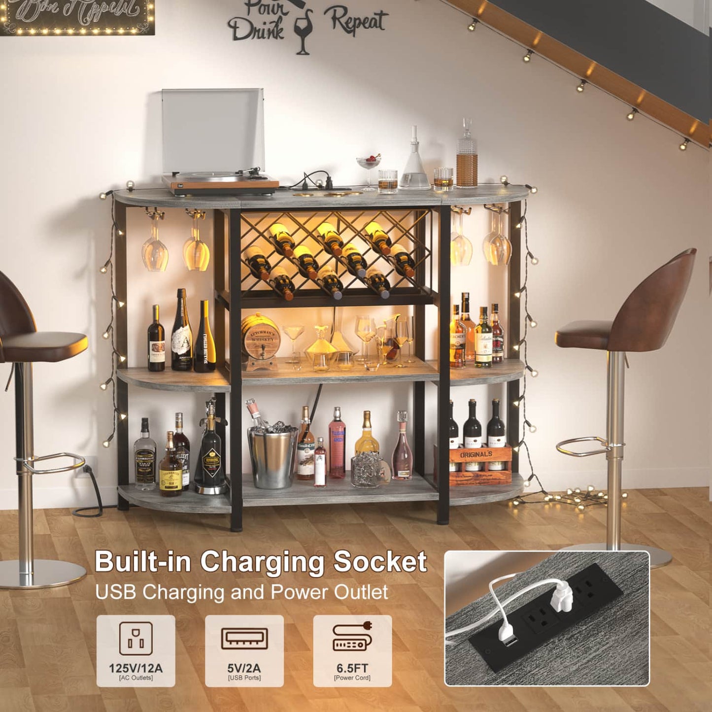 47.24" Storage Wine Cabinet with Lights and Outlets