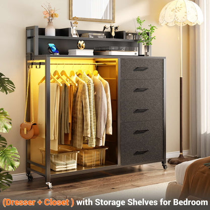Dresser for Bedroom with Clothes Rack & Shelves, 5 Drawers Dresser with Charging Station