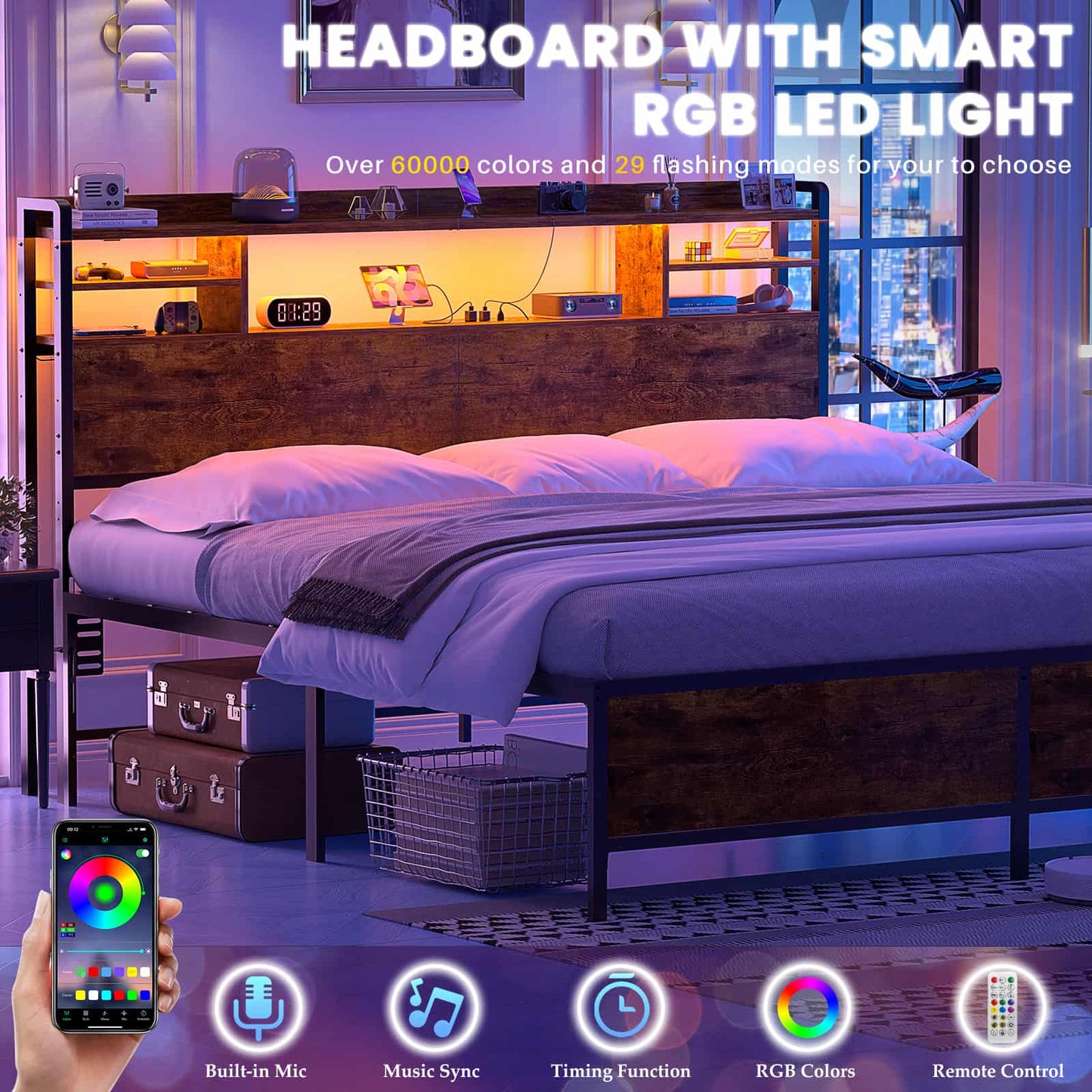 King Headboard with Storage shelves and Charging Station, Wood Headboard with LED Light