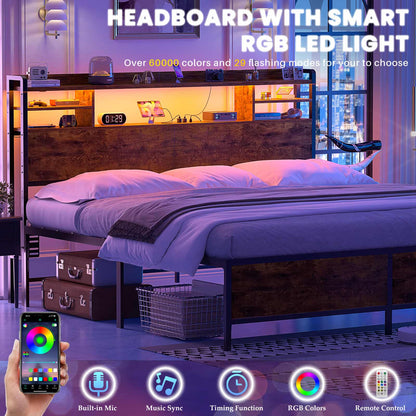 King Headboard with Storage shelves and Charging Station, Wood Headboard with LED Light