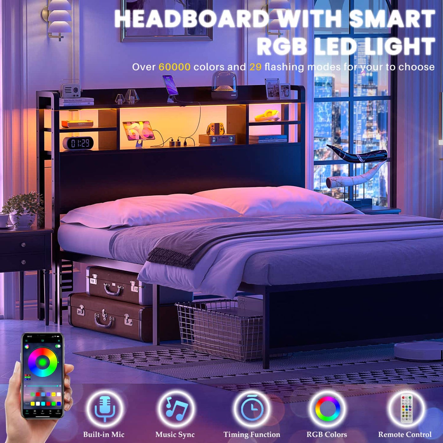 Full Headboard with Storage shelves and Charging Station, Wood Headboard with LED Light
