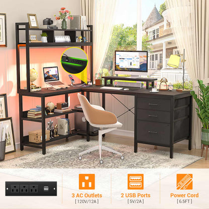 L Shaped Computer Desk with Hutch, Power Outlets, LED Lights & Storage Drawers