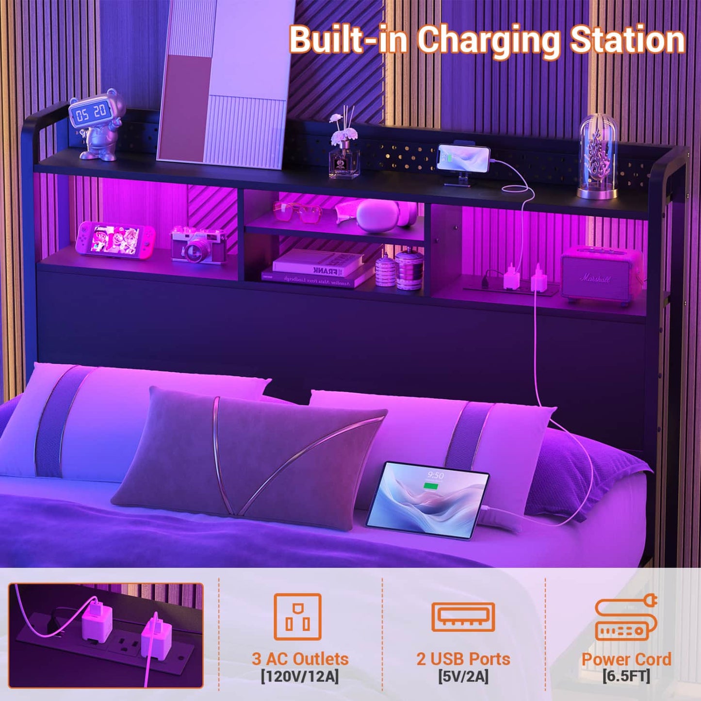 Full Storage Headboard with Led Lights & Charging Station