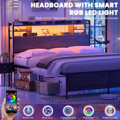 Queen Headboard with Storage shelves and Charging Station, Wood Headboard with LED Light