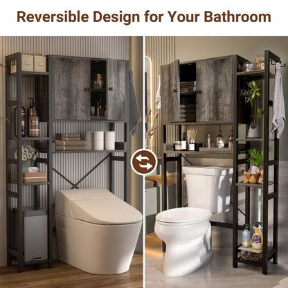 7-Tier Bathroom Organizer with Adjustable Shelf, Over The Toilet Storage Rack with 4 Hooks and Drawers