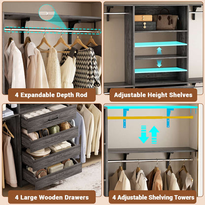 8FT Closet Organizer System with 4 Wooden Drawers & Hanging Rods