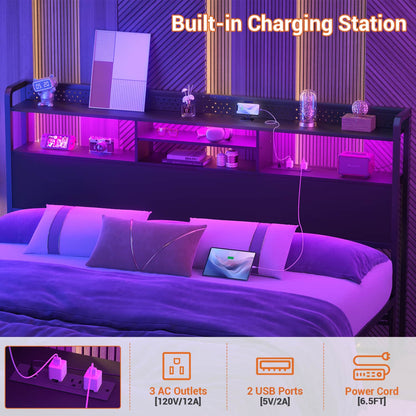 King Storage Headboard with Led Lights & Charging Station