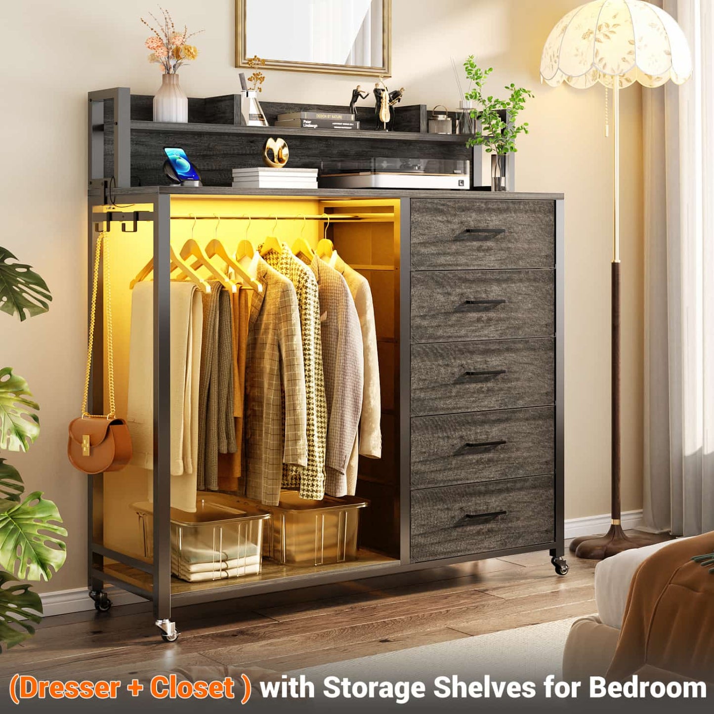 Dresser for Bedroom with Clothes Rack & Shelves, 5 Drawers Dresser with Charging Station